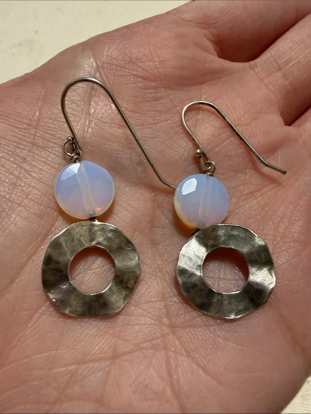 Sterling Silver 925 Opal Bead and Hammered Silver Drop Earrings - Picture 1 of 10